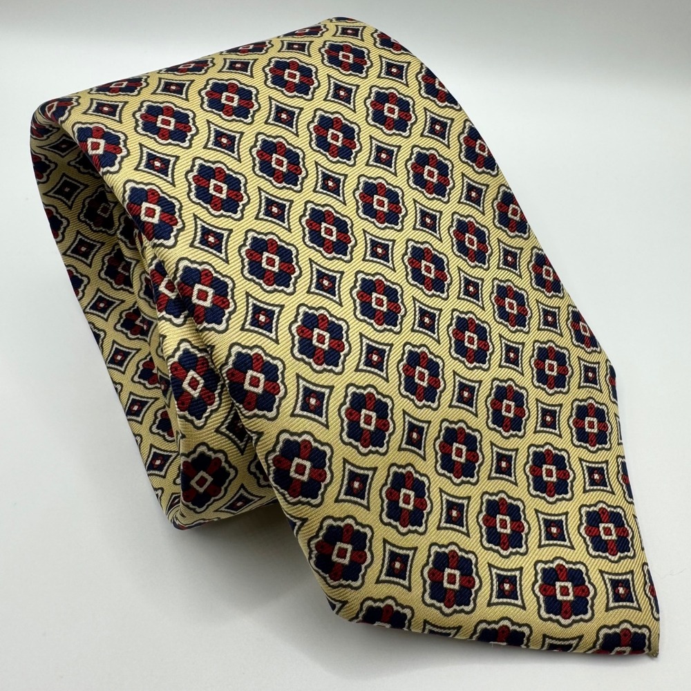 Lands End Mens Silk Tie Yellow Red Navy Blue Geometric Medallion USA Necktie